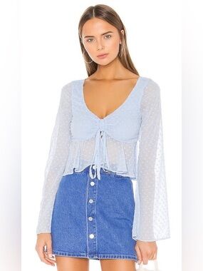 Revolve Lovers + Friends Light Blue Sheer Tie-Front Blouse  Women's Top